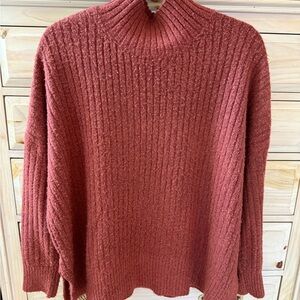 LOFT Brown Cowl Neck Sweater with Ribbed Texture
